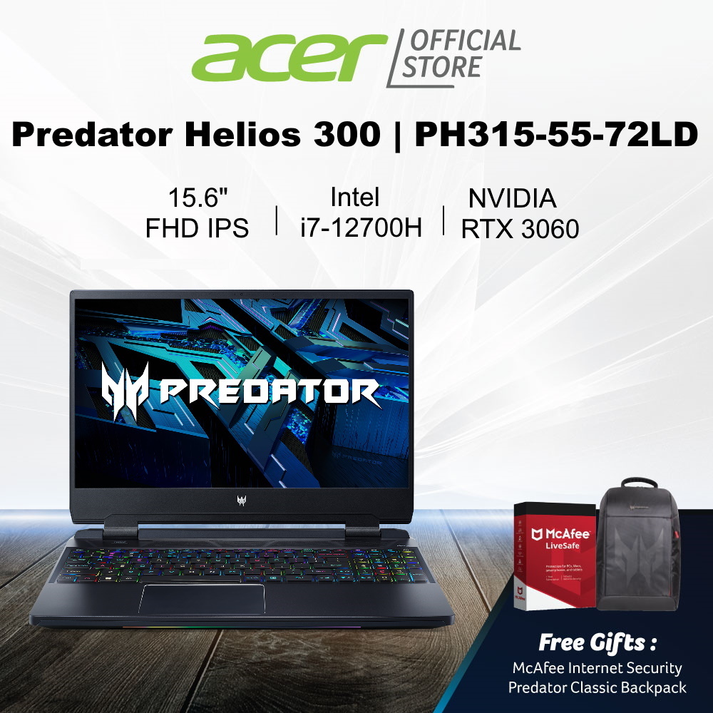 [12th Gen Intel i7-12700H Processor] Predator Helios 300 PH315-55-72LD 15.6-inch FHD IPS 165Hz Gaming Laptop | NVIDIA RTX 3060 Graphics